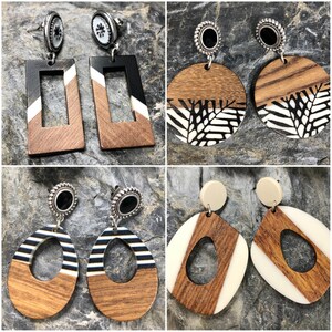 White and black wood earrings
