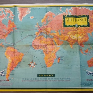 Original Air France "Reseau Aerien Mondial" Weltkarte, 1956 48,5x72cm