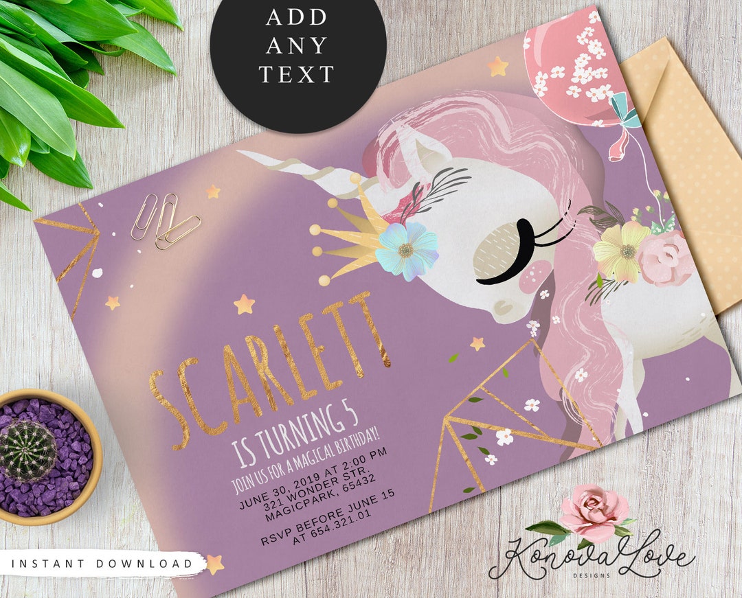Magic Unicorn Cute Girl Birthday Invitation Digital Printable - Etsy
