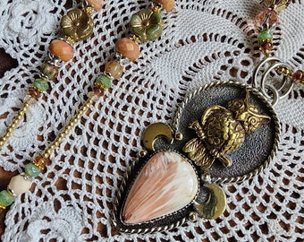 Gold and sterling .925 silver Owl and peach scolecite stone pendant. Olive & peach imported Czech glass bead necklace. Witchy Athena Vibes.