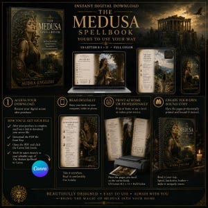 May include: A digital download product titled The Medusa Spellbook by Audra English, featuring US Letter 8.5 x 11 full-color pages. The display shows a laptop, printed pages, and a bound book, illustrating digital access, home printing, and binding options.