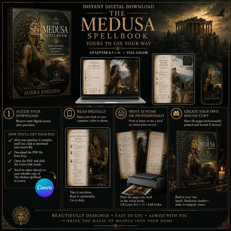 May include: A digital download product titled The Medusa Spellbook by Audra English, featuring US Letter 8.5 x 11 full-color pages. The display shows a laptop, printed pages, and a bound book, illustrating digital access, home printing, and binding options.
