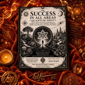 May include: A rectangular book titled The Success in All Areas Quantum Shift with a black and white cover featuring a central figure, a star, a lion, and geometric symbols. The text includes a 30-day program description and the number 8947197878.
