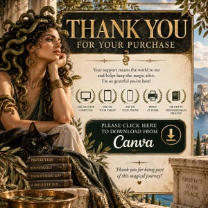 May include: A digital thank you card featuring a Medusa-like figure with snakes for hair, a black cat, and a stack of books labeled Protection, Boundaries, Transformation, and A Brighter You. The text includes instructions for Canva download.