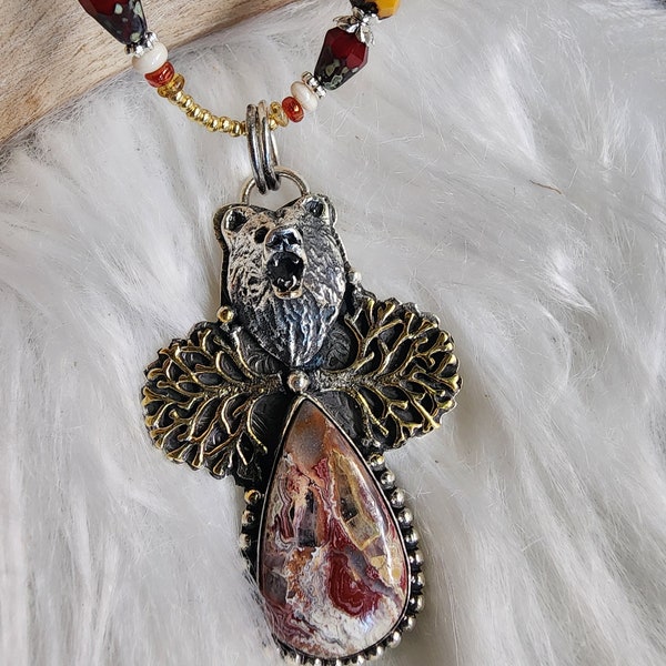 Gorgeous Large Crazy Lace Agate .925 Silver Bear Pendant. Mexican agate. Imported Czech Glass Beaded Necklace Chain. Perfect gift!