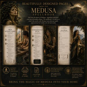 May include: A digital spellbook titled The Medusa Spellbook featuring three open pages with illustrations of Medusa, text detailing rituals like Heat Without Harm and Sacred Reflection Ritual, and a spell record sheet on US Letter 8.5 x 11 inch paper.
