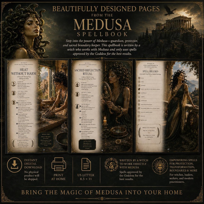 May include: A digital spellbook titled The Medusa Spellbook featuring three open pages with illustrations of Medusa, text detailing rituals like Heat Without Harm and Sacred Reflection Ritual, and a spell record sheet on US Letter 8.5 x 11 inch paper.
