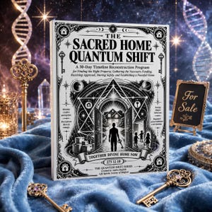 May include: A white book titled The Sacred Home Quantum Shift, A 30-Day Timeline Reconstruction Program. The cover features black line art of a house, a person holding a key, children, stars, and keys. Text includes Together Divine Home Now.