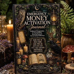 May include: A hardcover book titled Emergency Money Activation Journal by Audra English. The cover features a dark forest scene with an owl, a lantern, a deer, a raven, mushrooms, crystals, and candles. It displays numerical frequencies and text.