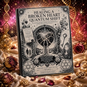May include: A hardcover book titled The Healing A Broken Heart Quantum Shift with a black and white cover illustration featuring a cracked heart, a person walking toward an archway, roses, a key, and text detailing a 30-day reconstruction program.