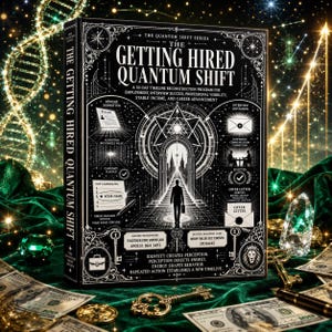 May include: A black book titled The Getting Hired Quantum Shift with white intricate geometric illustrations, a central figure walking through an archway, text detailing a 30-day career programme, and various symbols including keys, envelopes, and a lion.