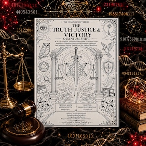 May include: A rectangular book titled The Truth, Justice & Victory Quantum Shift with a black and white cover illustration featuring a sword, scales of justice, an owl, a shield, and geometric patterns, surrounded by mystical symbols and text.