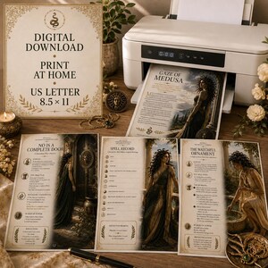 May include: A digital download print at home US letter 8.5 x 11 inch sign next to a printer and three printed pages titled Gaze of Medusa, No Is A Complete Door, Spell Record, and The Watchful Ornament, featuring illustrations of a woman in robes.