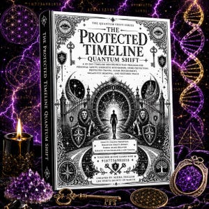 May include: A hardcover book titled The Protected Timeline Quantum Shift with a black and white cover featuring an ornate gate, two lions, and a central figure. The text includes a 30-day program description, quotes, and the author Audra English.