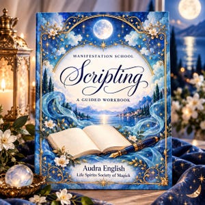 May include: A rectangular book titled Manifestation School Scripting: A Guided Workbook by Audra English of the Life Spirits Society of Magick. The cover features a blue landscape with a full moon, an open book, and a fountain pen in gold and blue.