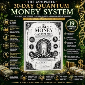 May include: A white book titled The Emergency Money Quantum Shift with black illustrations of a central archway, a silhouette, and circular icons. The cover features the text Master Switchword Phrase Find Count Divine Bring Count Suddenly Add Count How and the number sequence 520 741 8.