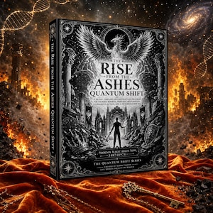 May include: A black hardcover book titled The Rise From The Ashes Quantum Shift, featuring a white illustration of a phoenix, a silhouette holding a key, and architectural ruins. The cover includes text about a 30-day program and series details.