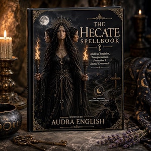 May include: A hardback book titled The Hecate Spellbook by Audra English. The cover features a three-faced figure in a black gown holding two flaming torches, with a full moon, a dark landscape, and a dog. The text includes the subtitle Spells of Intuition, Transformation, Protection & Sacred Crossroads.