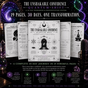 May include: A 19-page workbook titled The Unshakable Confidence Quantum Shift, a 30-day manifestation system by Audra English. The white pages feature black text, geometric illustrations, and diagrams. The cover displays an arched doorway graphic.