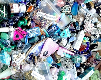 Witch Assortment Crystal Confetti. With crystals, towers, jewelry, charms, herbs, incense, crystal mushrooms, candles, curios, soaps, runes.