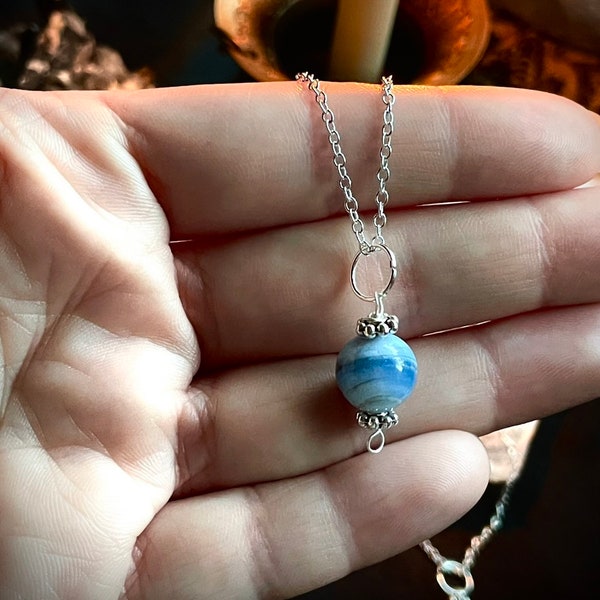Blue Lace Agate Necklace. Free spell option to be cast on your crystal. Associated with anti anxiety, communication, confidence, wisdom.