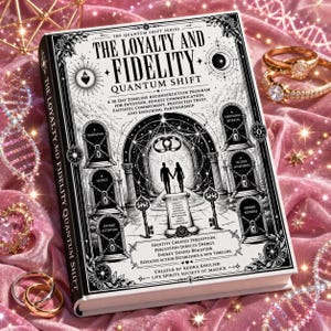 May include: A hardcover book titled The Loyalty and Fidelity Quantum Shift, featuring a black and white cover illustration of a couple standing under an archway, surrounded by locked doors, keys, and text detailing a 30-day timeline reconstruction program.