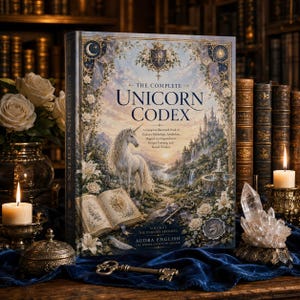 May include: A hardcover book titled The Complete Unicorn Codex by Audra English, featuring an illustration of a white unicorn, a castle, and an open book. The cover is decorated with gold accents, floral motifs, and a crest, set against a dark blue cloth.