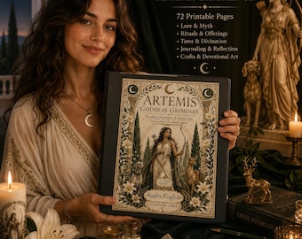 Artemis-Grimoire zum Ausdrucken, 72-seitiges Arbeitsbuch zur griechischen Mondgöttin, digitales Altar-Set, Tarot-Legesysteme, Orakelkarten, Canva-PDF