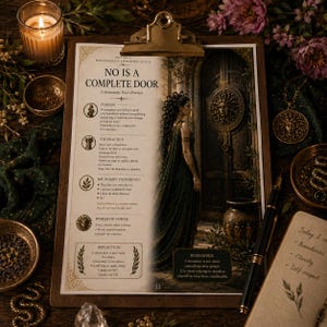 May include: A printed page on a clipboard titled No Is A Complete Door, featuring text about boundary practices and an illustration of a figure standing before a large, ornate door with a Medusa-style emblem, surrounded by dark, mystical decor.