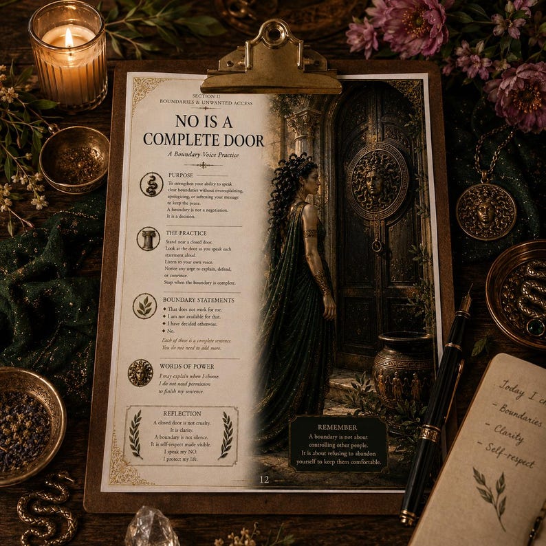 May include: A printed page on a clipboard titled No Is A Complete Door, featuring text about boundary practices and an illustration of a figure standing before a large, ornate door with a Medusa-style emblem, surrounded by dark, mystical decor.