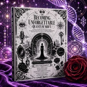 May include: A hardcover book titled The Becoming Unforgettable Quantum Shift with a black and white cover featuring a central silhouette, a crown, a microphone, a key, and a mirror, surrounded by intricate celestial and floral line art designs.