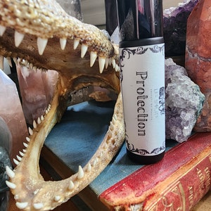 May include: A dark glass bottle with a white label that reads "Protection" and "Les Sorts" in a decorative font. The bottle is surrounded by crystals and a large alligator skull.