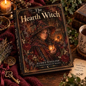 May include: A hardcover book titled The Hearth Witch by Audra English, featuring a cover illustration of a person in a wide-brimmed hat holding a glowing lantern, surrounded by dark red flowers and foliage, with gold lettering and ornate borders.