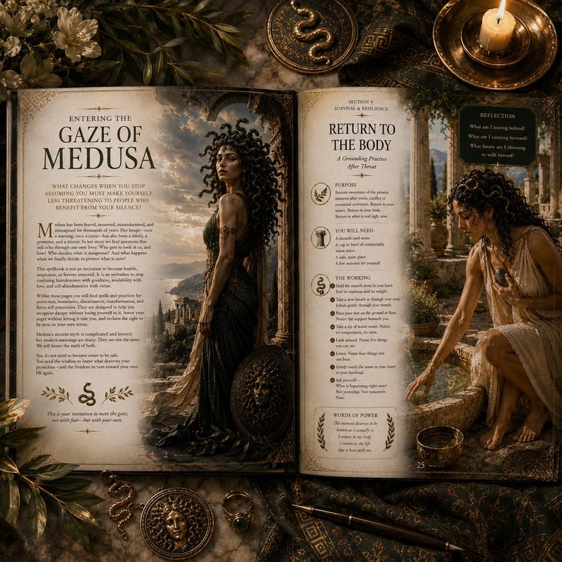 May include: An open book titled Entering the Gaze of Medusa and Return to the Body, featuring illustrations of a figure with snake hair and a person at a stone fountain. The pages contain printed text, decorative snake icons, and floral motifs.