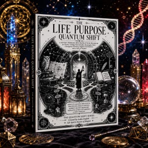 Op de afbeelding: Een hardcover boek getiteld The Life Purpose Quantum Shift met een zwart-witte omslagillustratie met een uil, een persoon met een lantaarn, een open boek en een kompas. De tekst bevat A 30-Day Timeline Reconstruction Program.