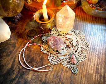 Rhodonite fairy pendant necklace made from .925 silver, 18k gold plating and pink floral Czech glass beads. Art nouveau.