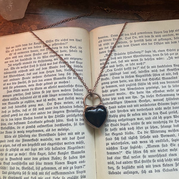 Black Obsidian Heart set in soldered copper. Protection, healing, grounding, shields from narcissists. Free protection and grounding spell.