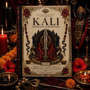 Op de afbeelding: Een hardcover boek getiteld KALI GODDESS GRIMOIRE met een crèmekleurige kaft met een centraal zwaard, rode lotus en slangenillustraties. De tekst luidt LIFE SPIRITS SOCIETY OF MAGICK, KALI GODDESS GRIMOIRE, GG005, LIBERATION, SACRED RAGE & THE DESTRUCTION OF ILLUSION.