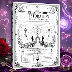 May include: A rectangular book titled The Relationship Restoration Quantum Shift with a white cover featuring black line art of two swans, a bridge, a heart, and two figures. The text includes A 30-Day Timeline Reconstruction Program and Divine Together Restore Love 874912.
