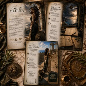 May include: Three open pages of a book titled Entering the Gaze of Medusa, The Alarm & The Evidence, and The Voice That Does Not Tremble for Permission. The pages feature illustrations of Medusa, ancient ruins, and text about spells.