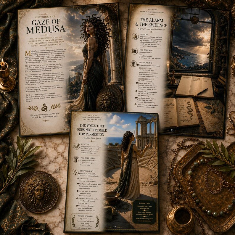 May include: Three open pages of a book titled Entering the Gaze of Medusa, The Alarm & The Evidence, and The Voice That Does Not Tremble for Permission. The pages feature illustrations of Medusa, ancient ruins, and text about spells.
