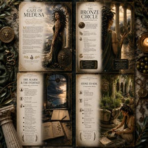 May include: A four-page spread from a book titled The Gaze of Medusa, The Bronze Circle, The Alarm & The Evidence, and Stone to Soil. The pages feature illustrations of Medusa, classical architecture, and text detailing rituals and spells.