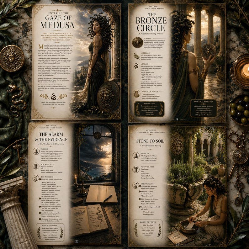 May include: A four-page spread from a book titled The Gaze of Medusa, The Bronze Circle, The Alarm & The Evidence, and Stone to Soil. The pages feature illustrations of Medusa, classical architecture, and text detailing rituals and spells.