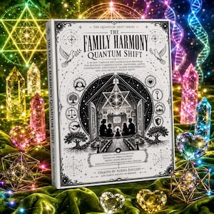 May include: A white book titled The Family Harmony Quantum Shift by Audra English, featuring black line art of a family in a home, surrounded by circular icons, doves, and geometric patterns, set against a vibrant, glowing, multi-colored background.
