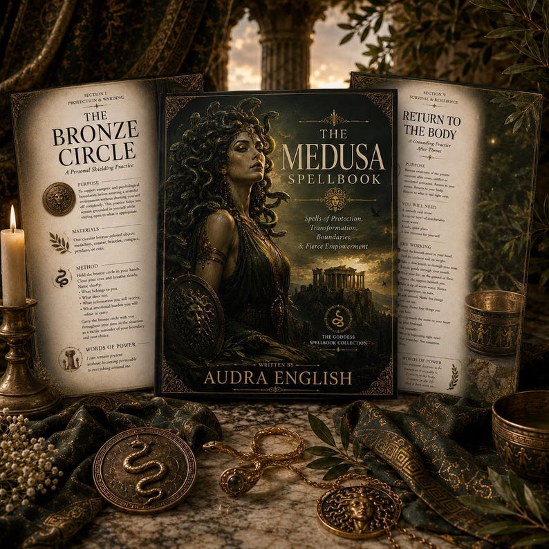 May include: A book titled The Medusa Spellbook by Audra English, flanked by two open pages detailing rituals. The cover features a woman with snakes for hair, a shield, and a temple. Bronze snake-themed medallions and a necklace lie on the table.