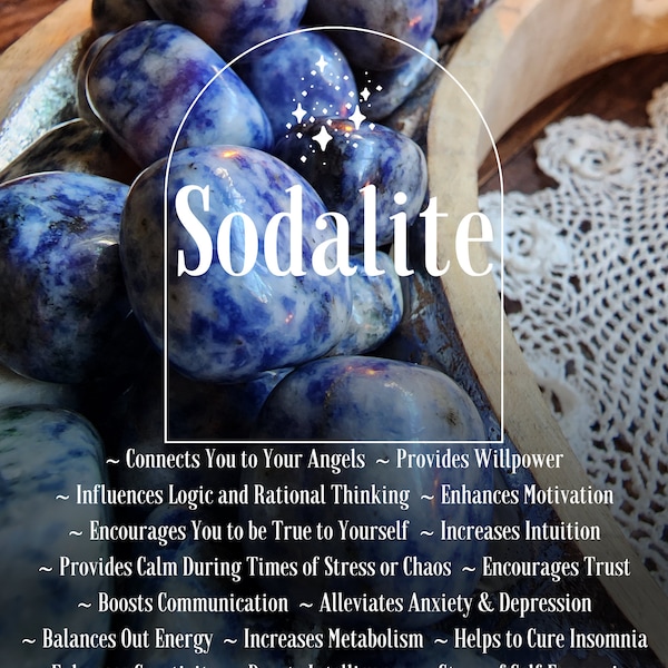 Sodalite with free spell option. Associated with: Intuition, Endurance, Creativity, Mindfulness, Anti Anxiety, Willpower. Sucess stories.