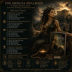 May include: The Medusa Spellbook, a digital guide featuring 28 spells for protection and boundaries. The cover displays a woman with snakes for hair, a temple, and the title. The text lists 20 spells, including The Gorgon at the Gate and The Bronze Circle, formatted for US Letter 8.5 by 11 inch paper.