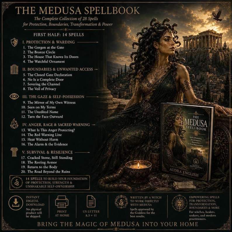 May include: The Medusa Spellbook, a digital guide featuring 28 spells for protection and boundaries. The cover displays a woman with snakes for hair, a temple, and the title. The text lists 20 spells, including The Gorgon at the Gate and The Bronze Circle, formatted for US Letter 8.5 by 11 inch paper.