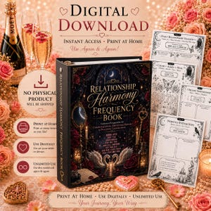 May include: A digital download workbook titled Relationship Harmony Frequency Book featuring a black cover with swan, rose, and candle illustrations. The set includes printable pages with relationship tracking, healing codes, and nervous system tips.