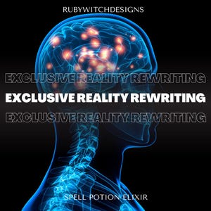 May include: A blue and white illustration of a human head with a glowing brain. The text "EXCLUSIVE REALITY REWRITING" is repeated three times. The text "SPELL POTION ELIXIR" is at the bottom of the image.